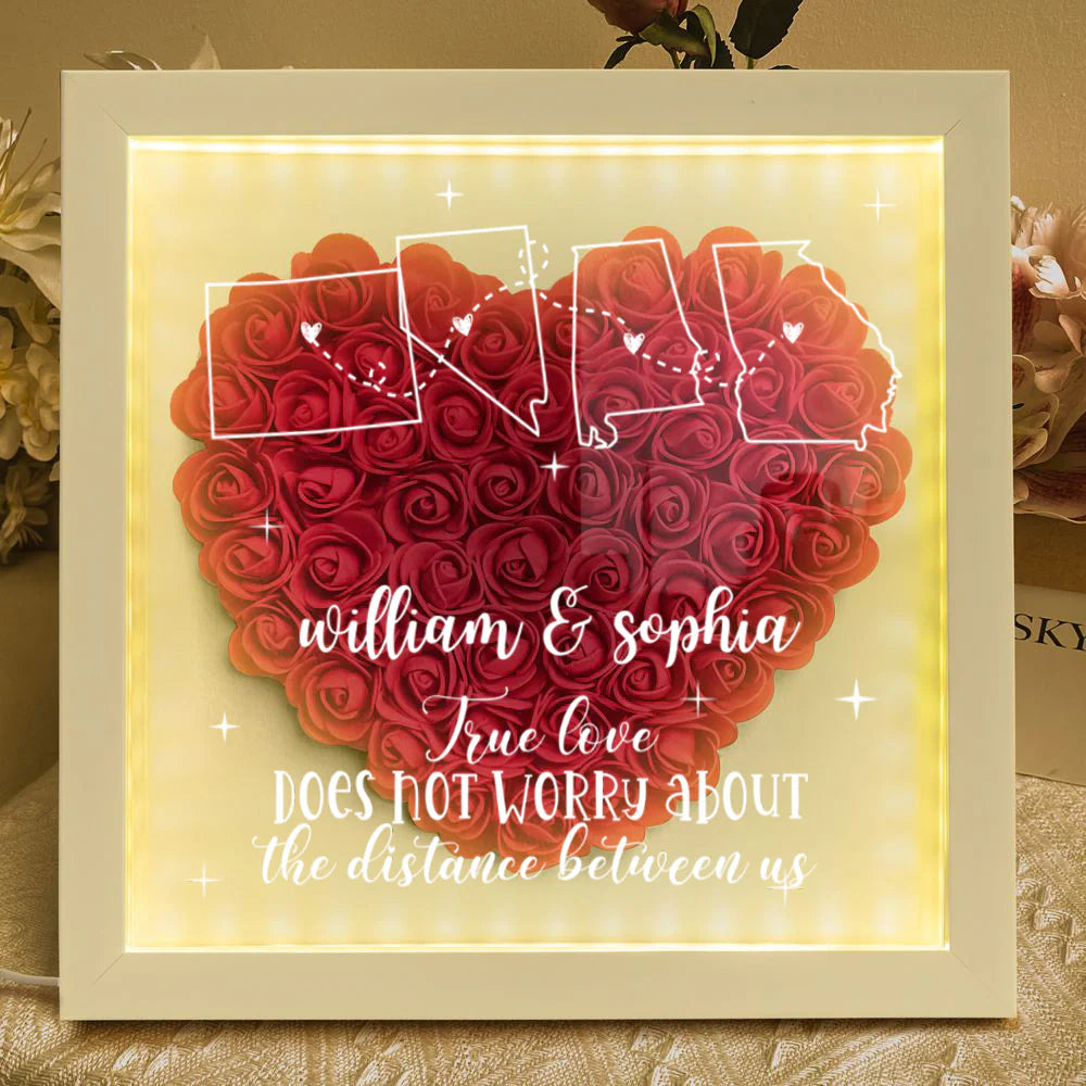 Custom long distance relationship flower shadow box with illuminated LED light frame for couples anniversary gift image 8