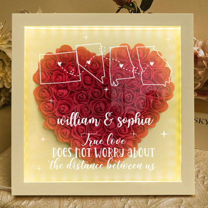 Custom long distance relationship flower shadow box with illuminated LED light frame for couples anniversary gift image 8