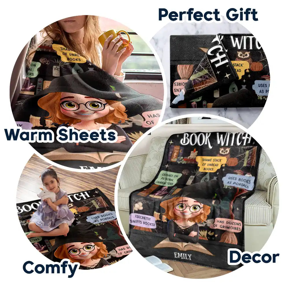 Personalized book witch blanket featuring a custom cute cartoon witch with book quotes for book lovers gift. image 7