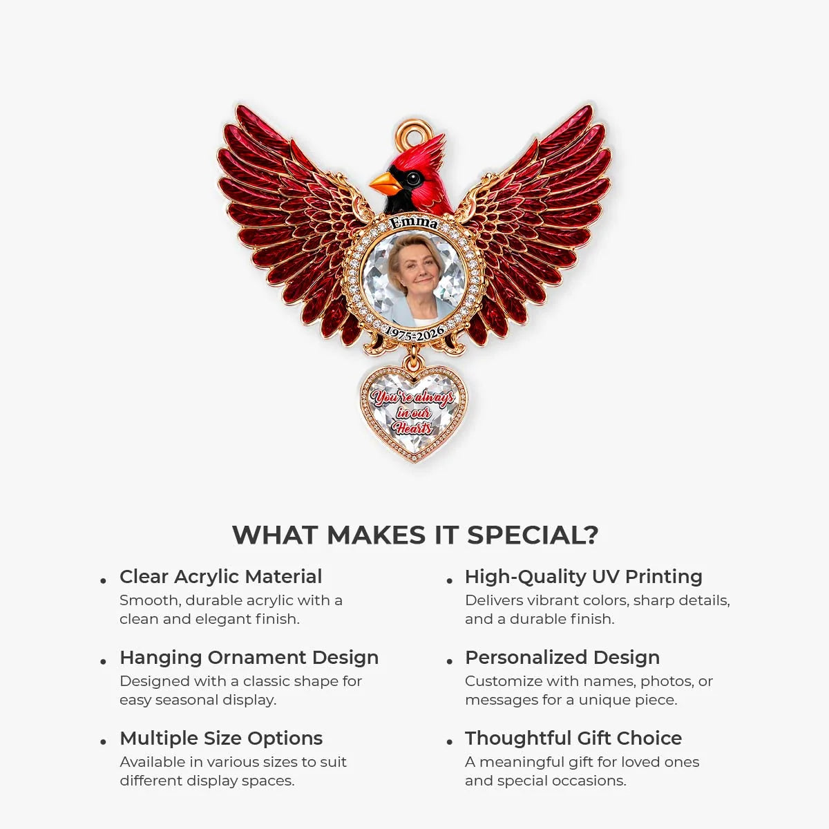 "You're Always In Our Hearts" Personalized Cardinal Angel Wings Memorial Acrylic Ornament - Keepsake Gift  for Family