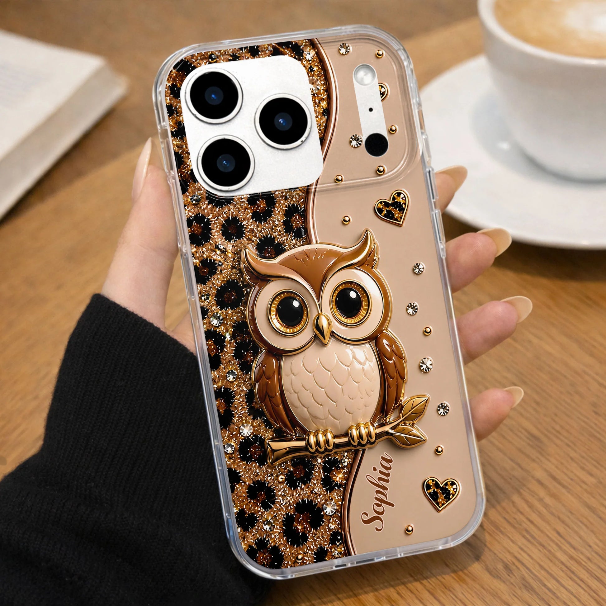 Personalized clear phone case featuring a cute wise owl on a branch with leopard print glitter hearts design image 9