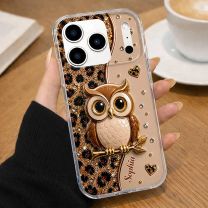 Personalized clear phone case featuring a cute wise owl on a branch with leopard print glitter hearts design image 9