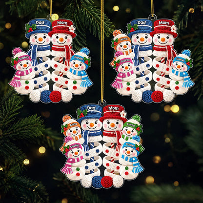 Snowman Family Knit Pattern Personalized Acrylic Ornament - Christmas Gift for Mom and Dad