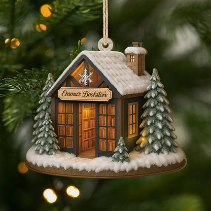 Cozy Winter Bookstore Personalized Wooden Ornament - Custom Christmas Gift for Book Lovers