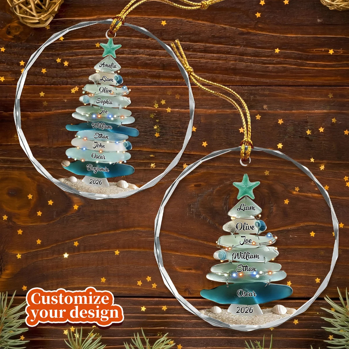 Sea Glass Christmas Tree Personalized Glass Ornament - Custom Holiday Keepsake Gift for Family