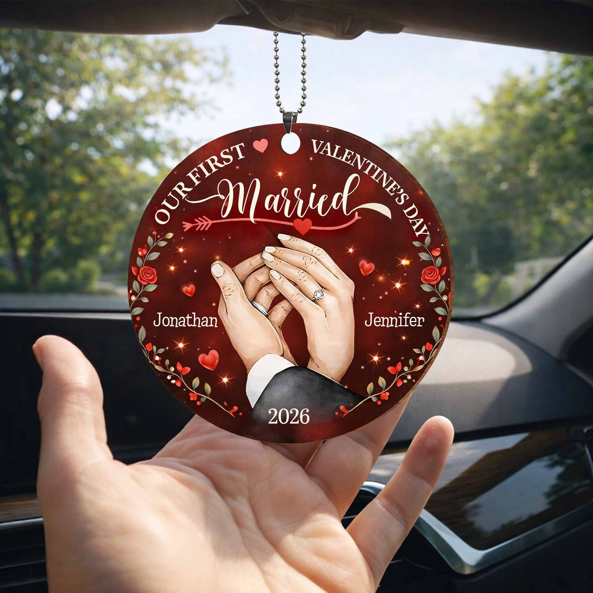 Our First Valentine's Day Married - Personalized Wood Ornament for Couples Keepsake