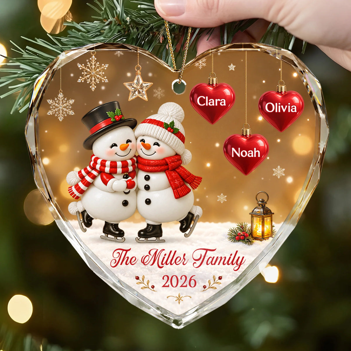 Snowman Couple Personalized Glass Ornament - Custom Christmas Keepsake for Family