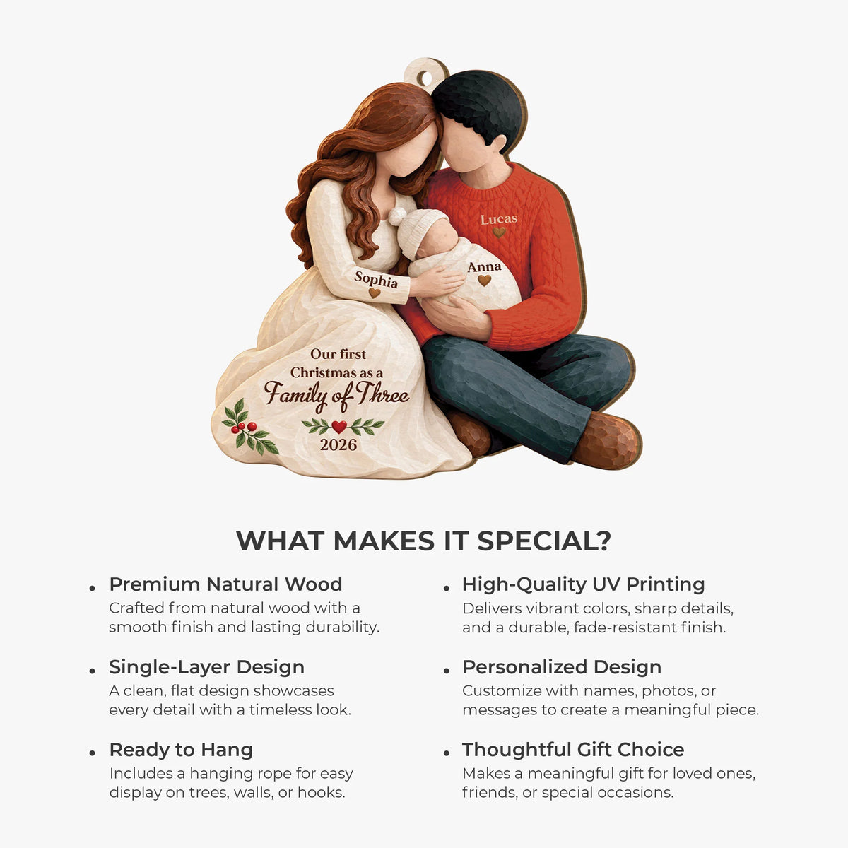 Our First Christmas as a Family of Three - Personalized Wooden Ornament for New Mom Dad Holiday Keepsake