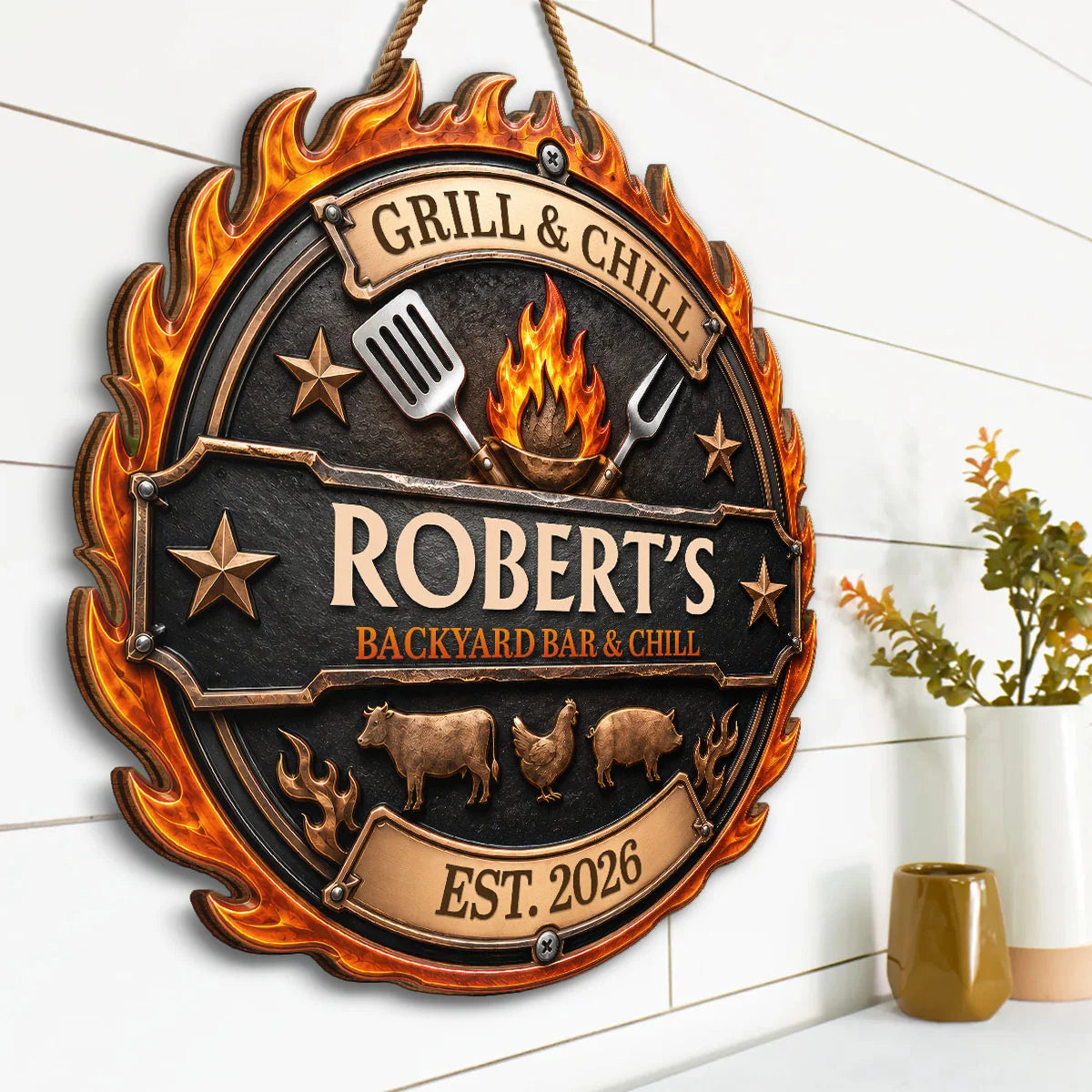 Grill & Chill Backyard Bar Personalized Wood Sign - Custom BBQ Decor Gift for Dad