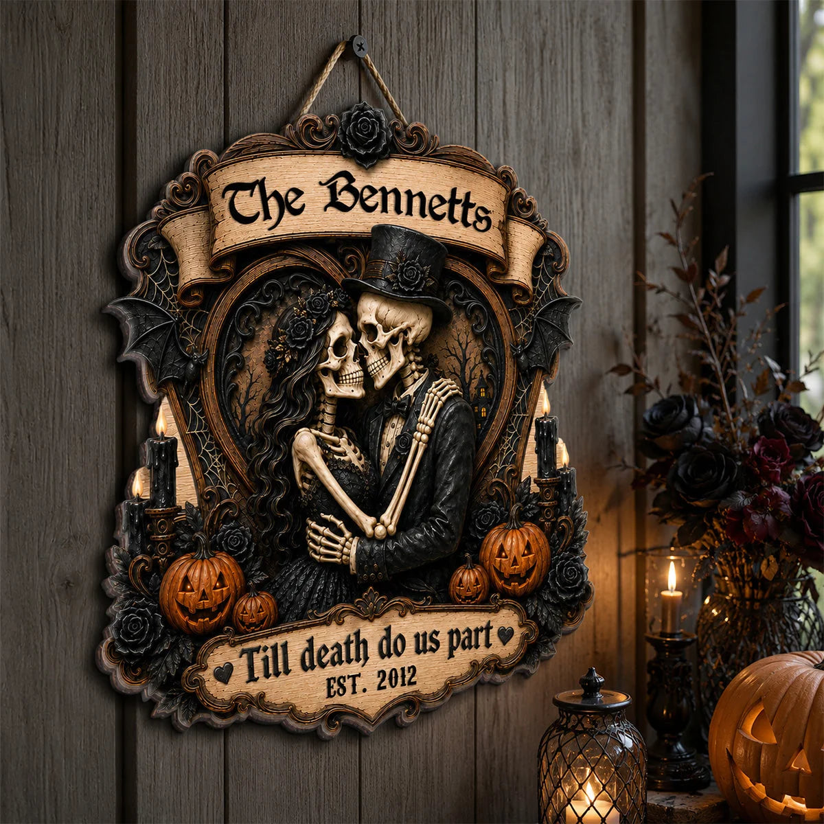 Till Death Do Us Part Skeleton Couple Personalized Wood Sign - Gothic Halloween Decor for Couples