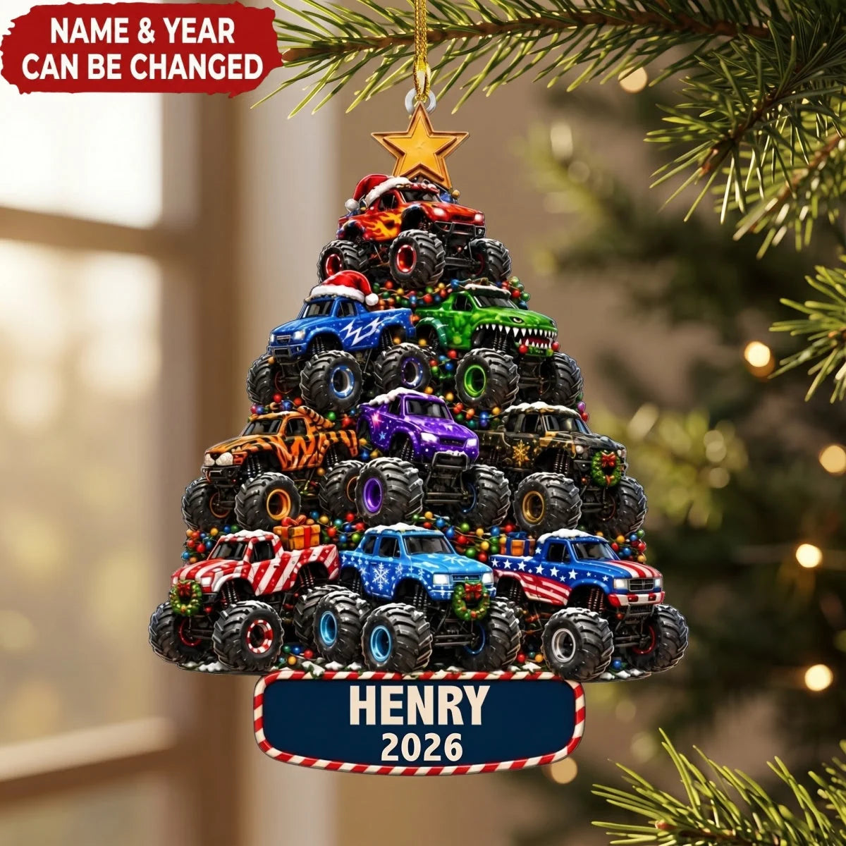 Monster Truck Tree Personalized Wooden Ornament - Christmas Keepsake Gift for Kids