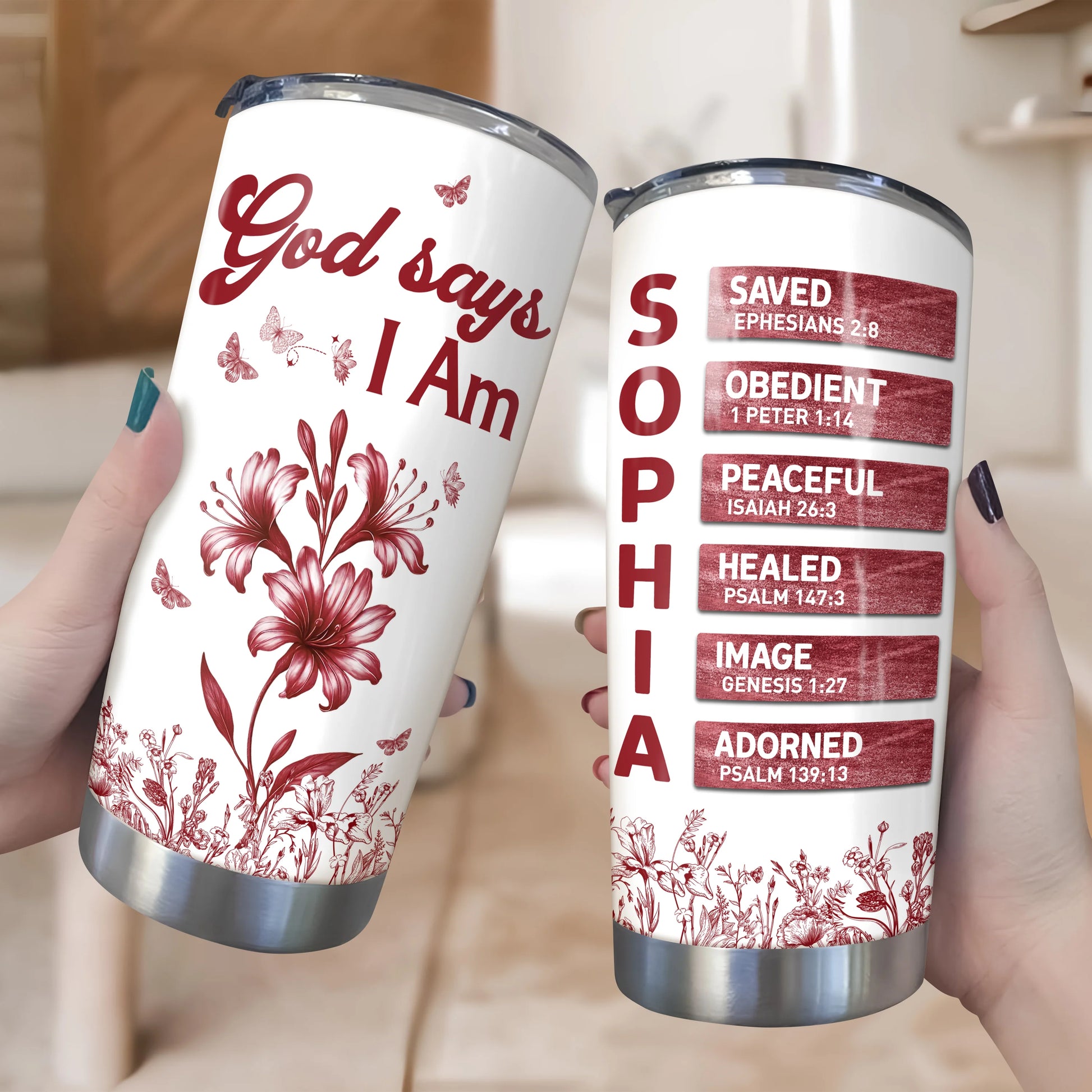"God Says I Am" Personalized Tumbler - Floral Christian Bible Verse Name Cup
