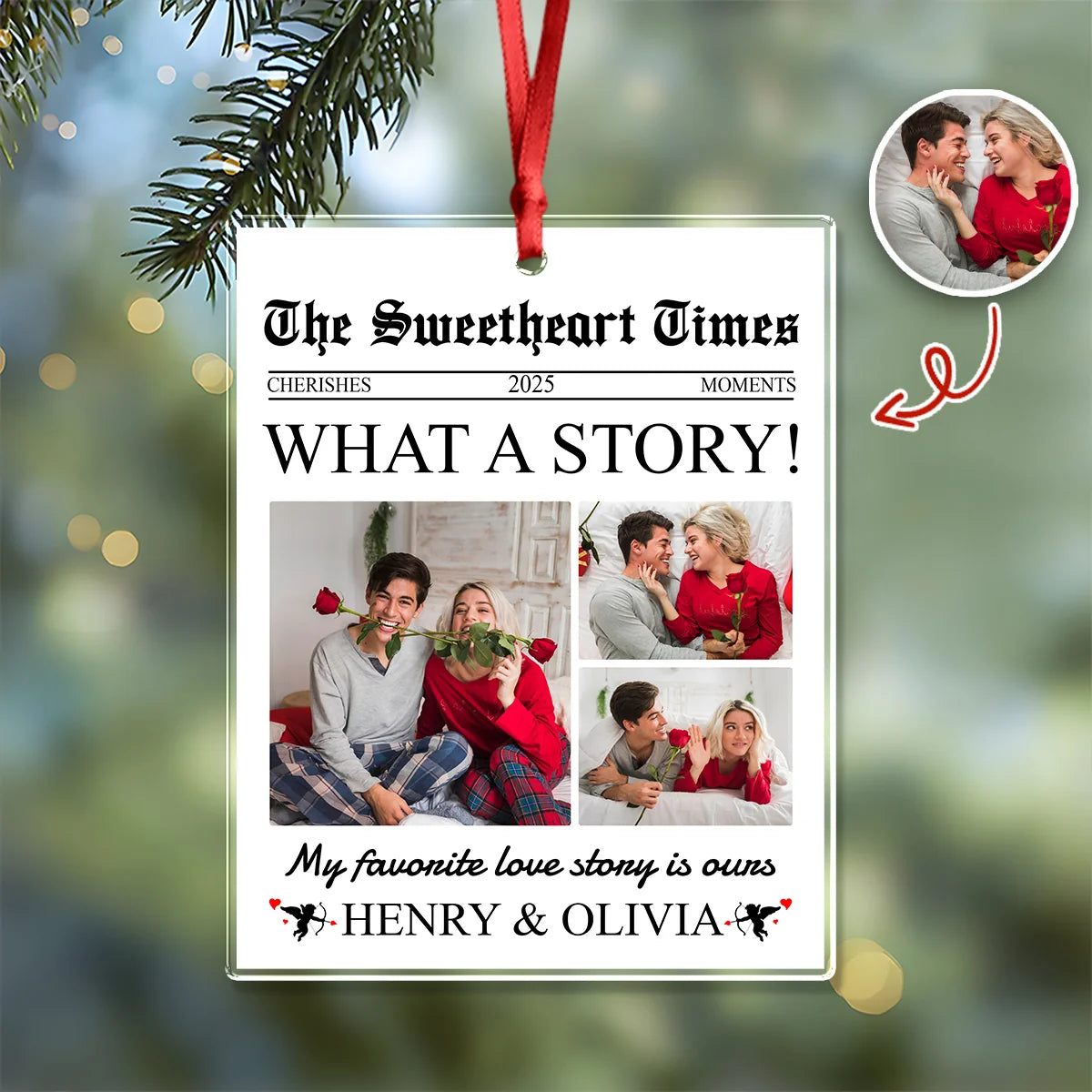 "The Sweetheart Times" Personalized Acrylic Ornament - Custom Couple Photo Christmas Keepsake