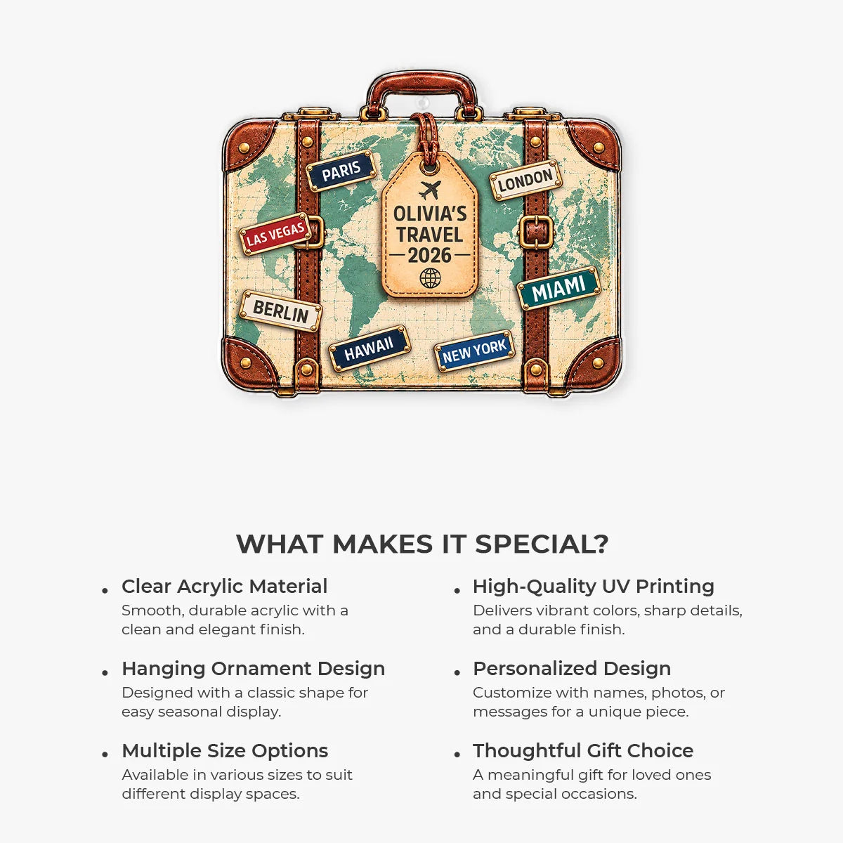 Vintage Travel Suitcase Personalized Acrylic Ornament - Custom Vacation Keepsake for Travelers