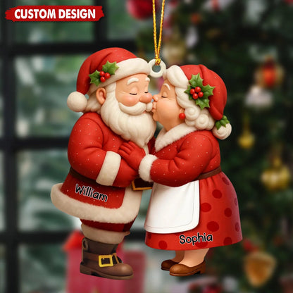 Kissing Santa Couple Personalized Wooden Ornament - Custom Christmas Keepsake Gift