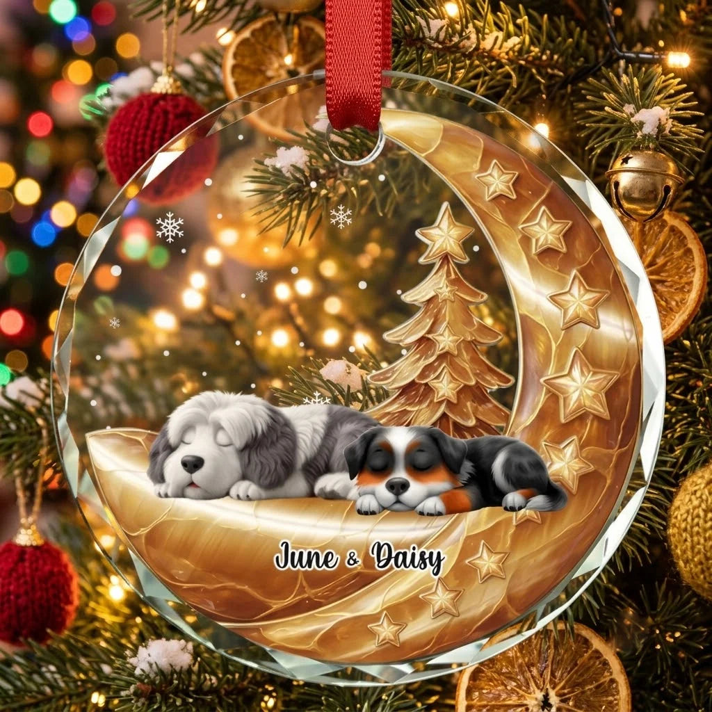 Sleeping Dog On Moon Personalized Glass Ornament - Custom Christmas Keepsake for Dog Lovers