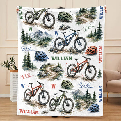 Personalized Mountain Bike Blanket - Custom Name MTB Throw Blanket for Kids