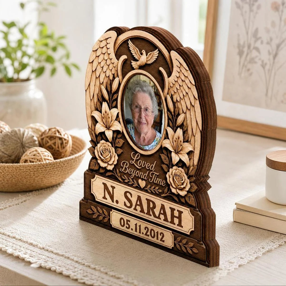 "Loved Beyond Time" Personalized Memorial Photo Wooden Block - Custom Sympathy Keepsake Gift for Loss of Loved One