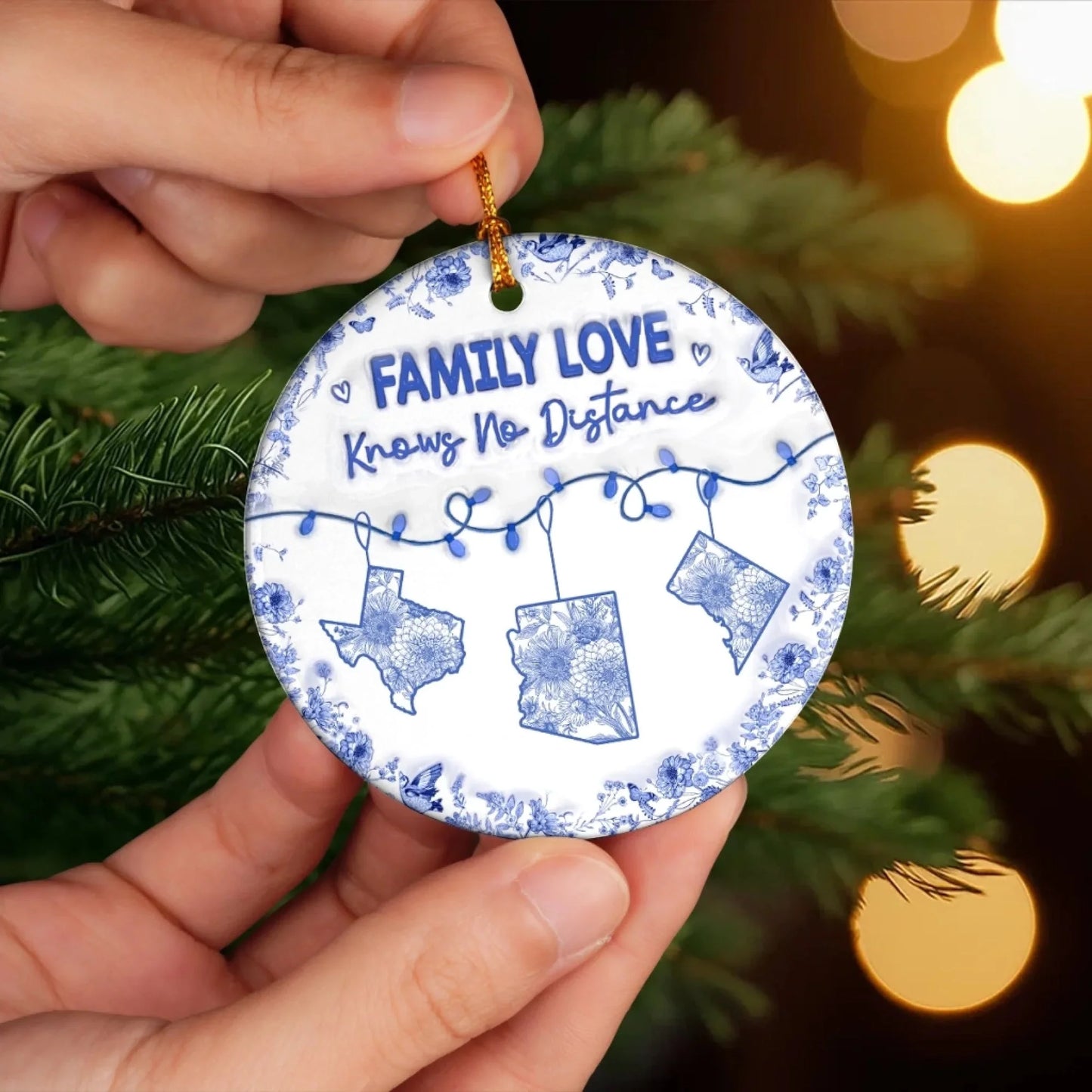 Family Love Knows No Distance Personalized Ceramic Ornament - Custom Long Distance Christmas Gift