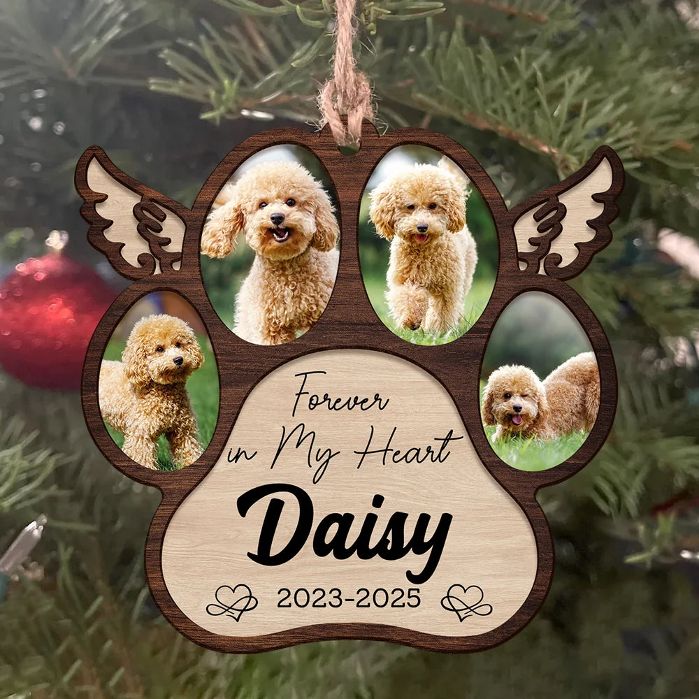 "Forever in Our Hearts" Personalized Pet Memorial Paw Wood Ornament - Custom Photo Dog Loss Keepsake Gift