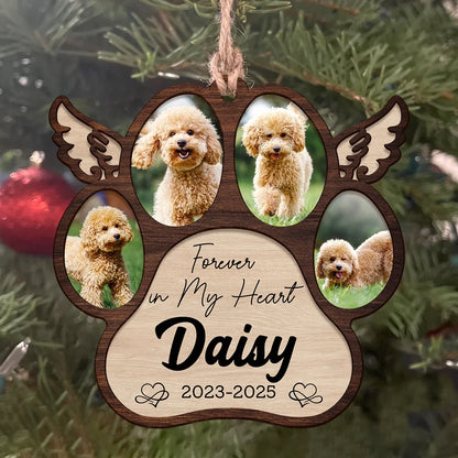 "Forever in Our Hearts" Personalized Pet Memorial Paw Wood Ornament - Custom Photo Dog Loss Keepsake Gift