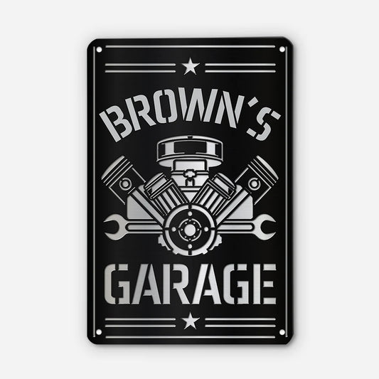 Vintage Engine Personalized Metal Garage Sign - Custom Man Cave Workshop Wall Decor