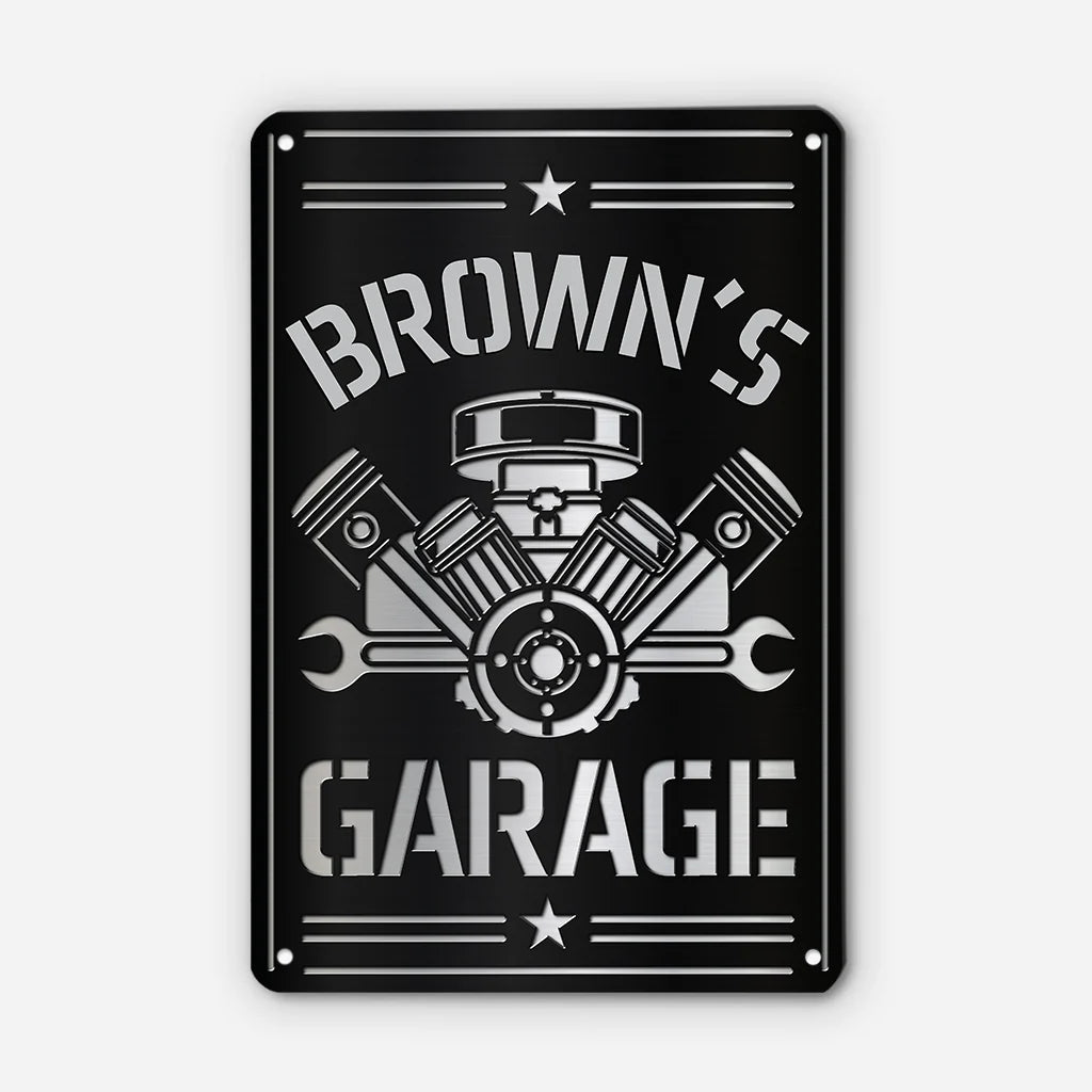 Vintage Engine Personalized Metal Garage Sign - Custom Man Cave Workshop Wall Decor