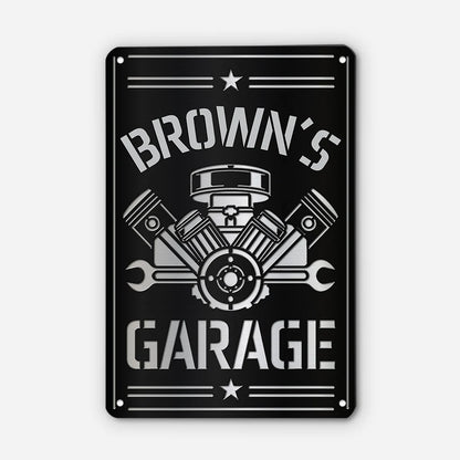 Vintage Engine Personalized Metal Garage Sign - Custom Man Cave Workshop Wall Decor