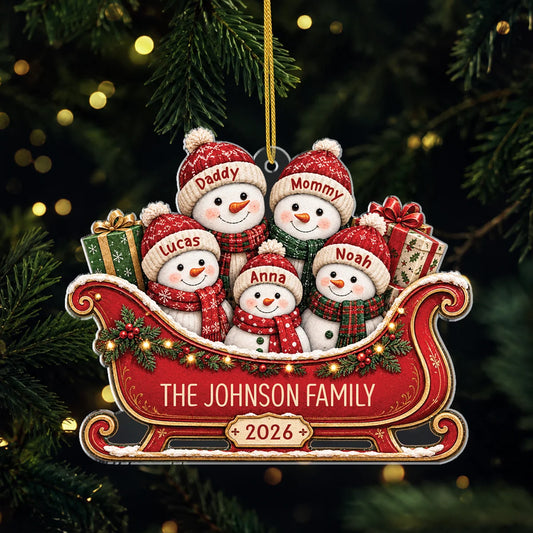 Snowman Family Sleigh Personalized Acrylic Ornament - Custom Christmas Keepsake Gift