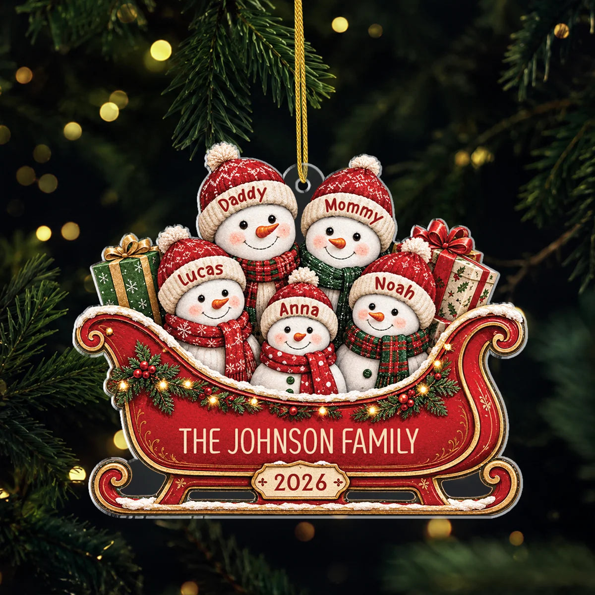 Snowman Family Sleigh Personalized Acrylic Ornament - Custom Christmas Keepsake Gift