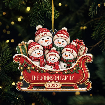 Snowman Family Sleigh Personalized Acrylic Ornament - Custom Christmas Keepsake Gift