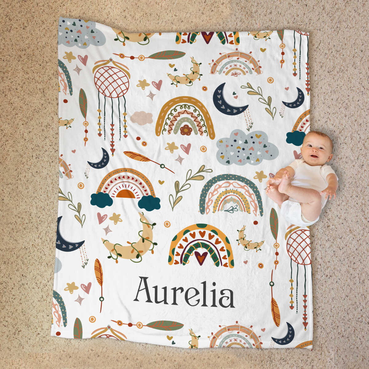 Custom Name Boho Rainbow Baby Blanket – Personalized Nursery Throw Gift for Newborn