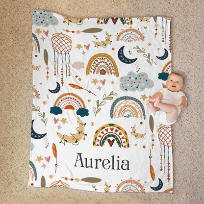 Custom Name Boho Rainbow Baby Blanket – Personalized Nursery Throw Gift for Newborn