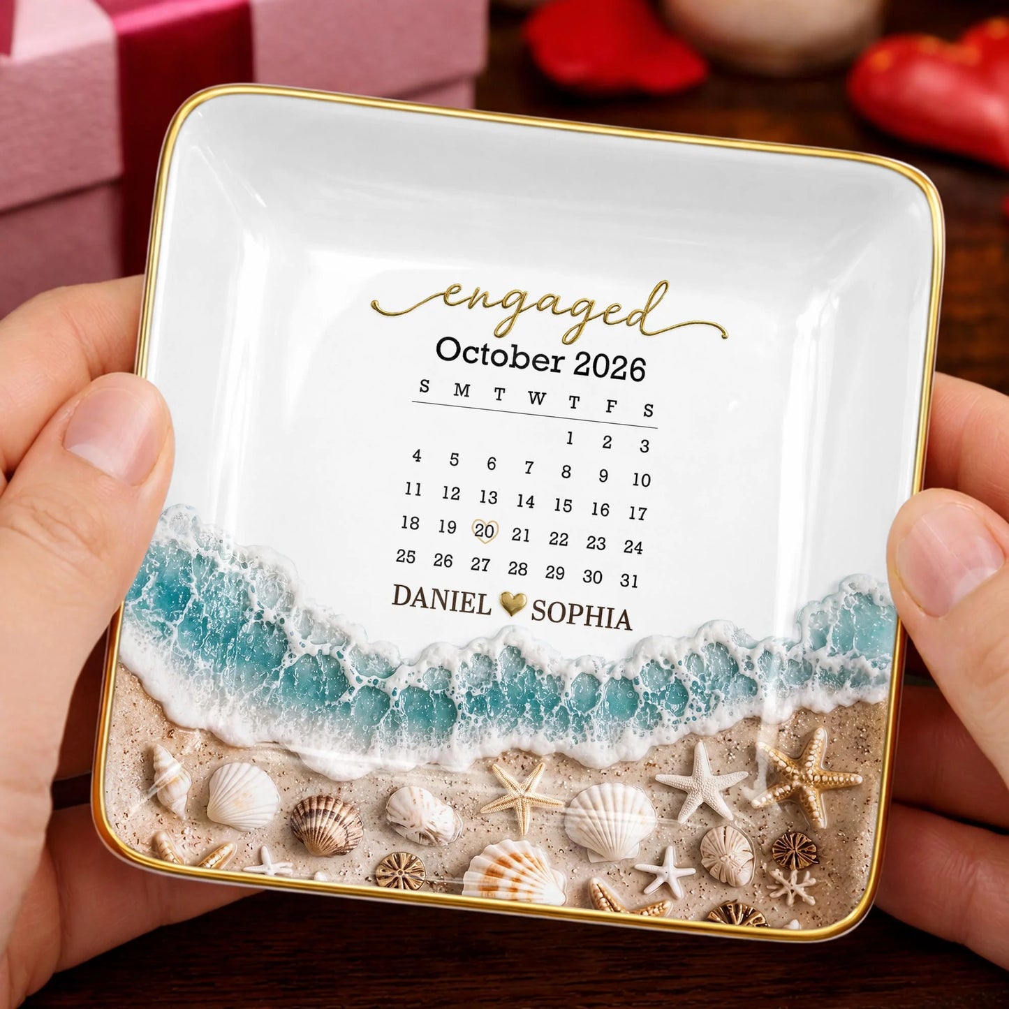 Custom Engaged Calendar Ring Dish for Couples with personalized design details for meaningful gifting image 7