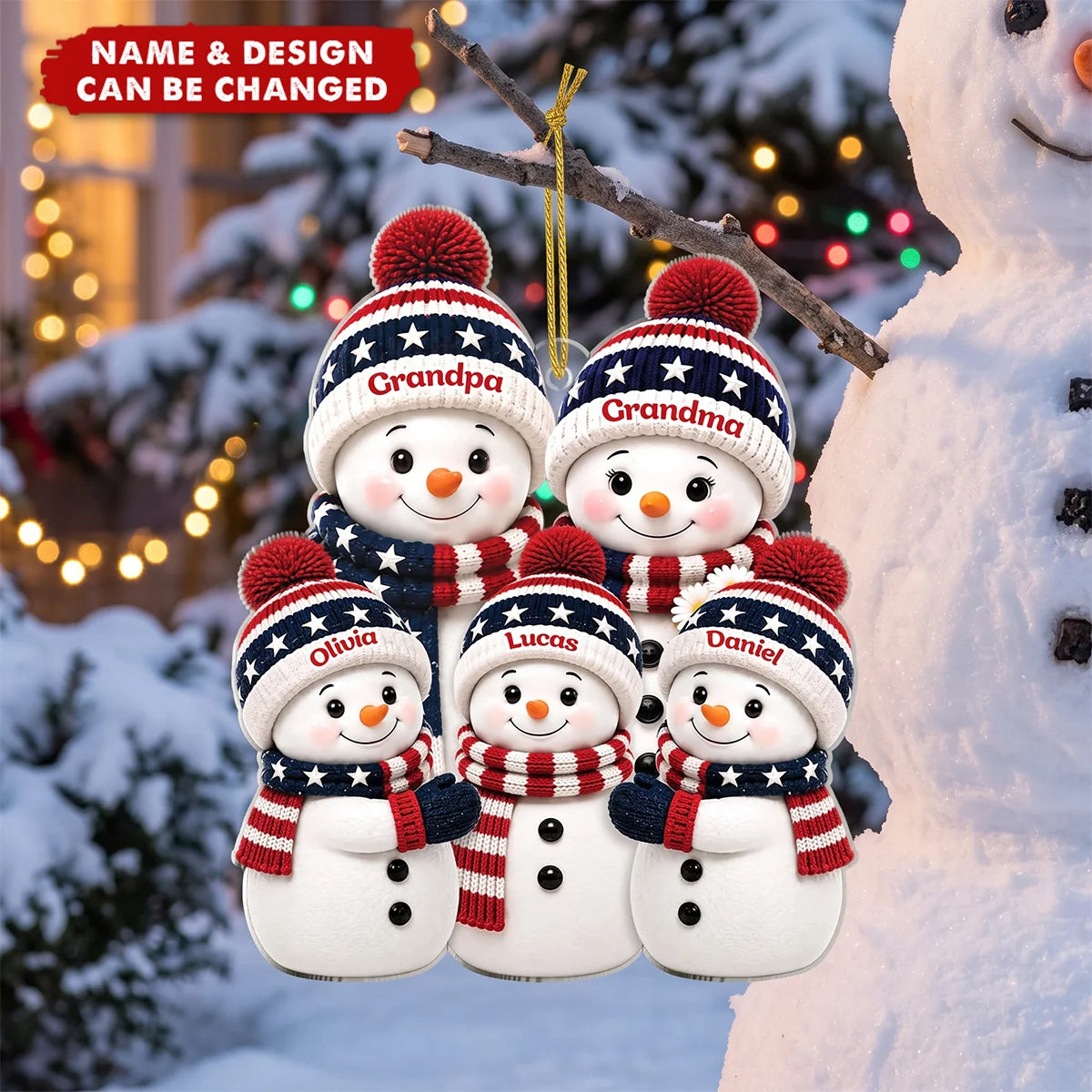 Patriotic Snowman Family Personalized Acrylic Ornament - Custom Names Christmas Keepsake for Family