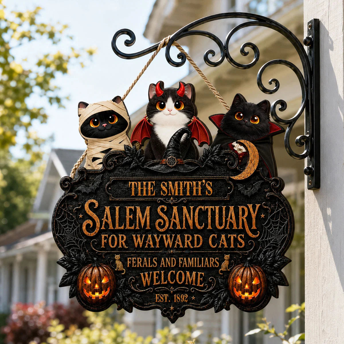 Salem Sanctuary For Wayward Cats Personalized Wood Sign - Custom Halloween Cat Lover Gift Decor