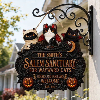 Salem Sanctuary For Wayward Cats Personalized Wood Sign - Custom Halloween Cat Lover Gift Decor