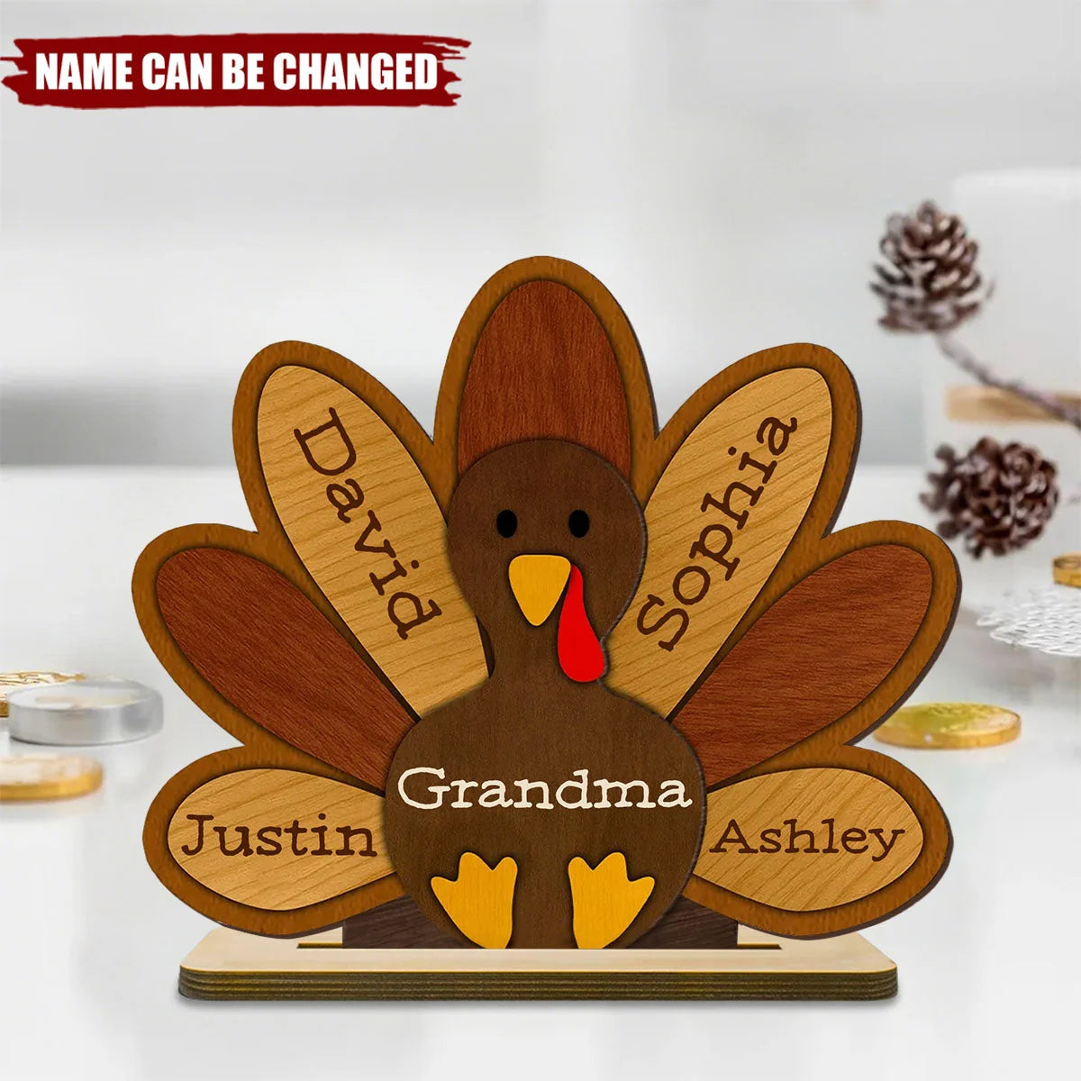 Personalized Thanksgiving Turkey Wooden Plaque - Custom Family Name Gift for Grandma