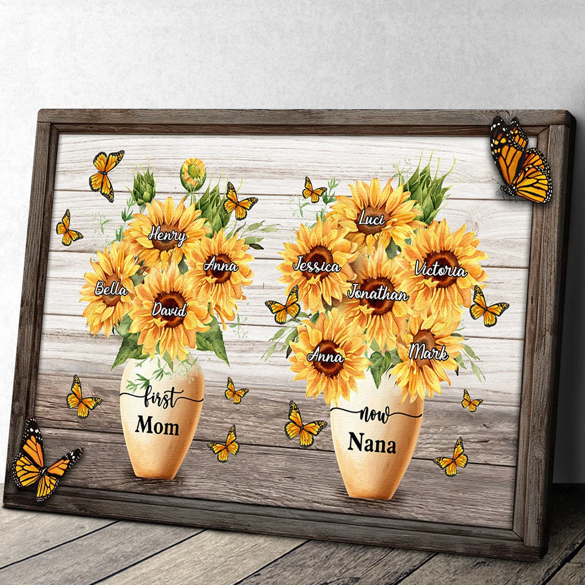 "First Mom Now Grandma" Sunflower Pot Personalized Canvas / Poster - Custom Wall Art Gift for Mom & Grandma