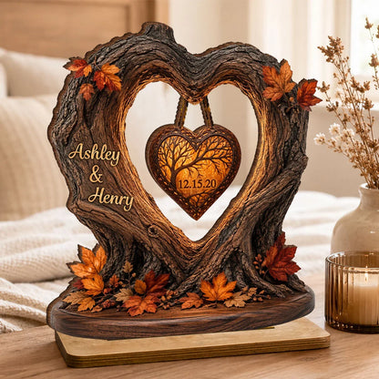 Custom Couple Heart Tree Wooden Plaque - Personalized Fall Season Anniversary Gift