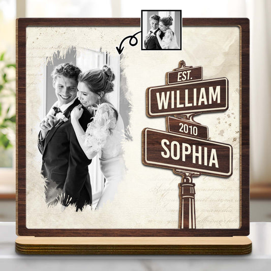 Personalized street sign wood plaque featuring custom wedding photo and couple names for anniversary gift