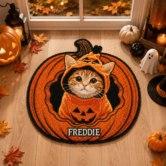 Personalized Dog Cat Halloween Pumpkin Shaped Doormat - Custom Pet Name Accent Mat
