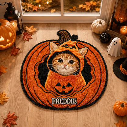 Personalized Dog Cat Halloween Pumpkin Shaped Doormat - Custom Pet Name Accent Mat