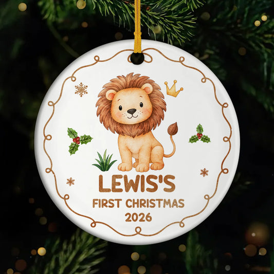 Baby's First Christmas Personalized Ceramic Ornament - Custom Name Safari Nursery Keepsake