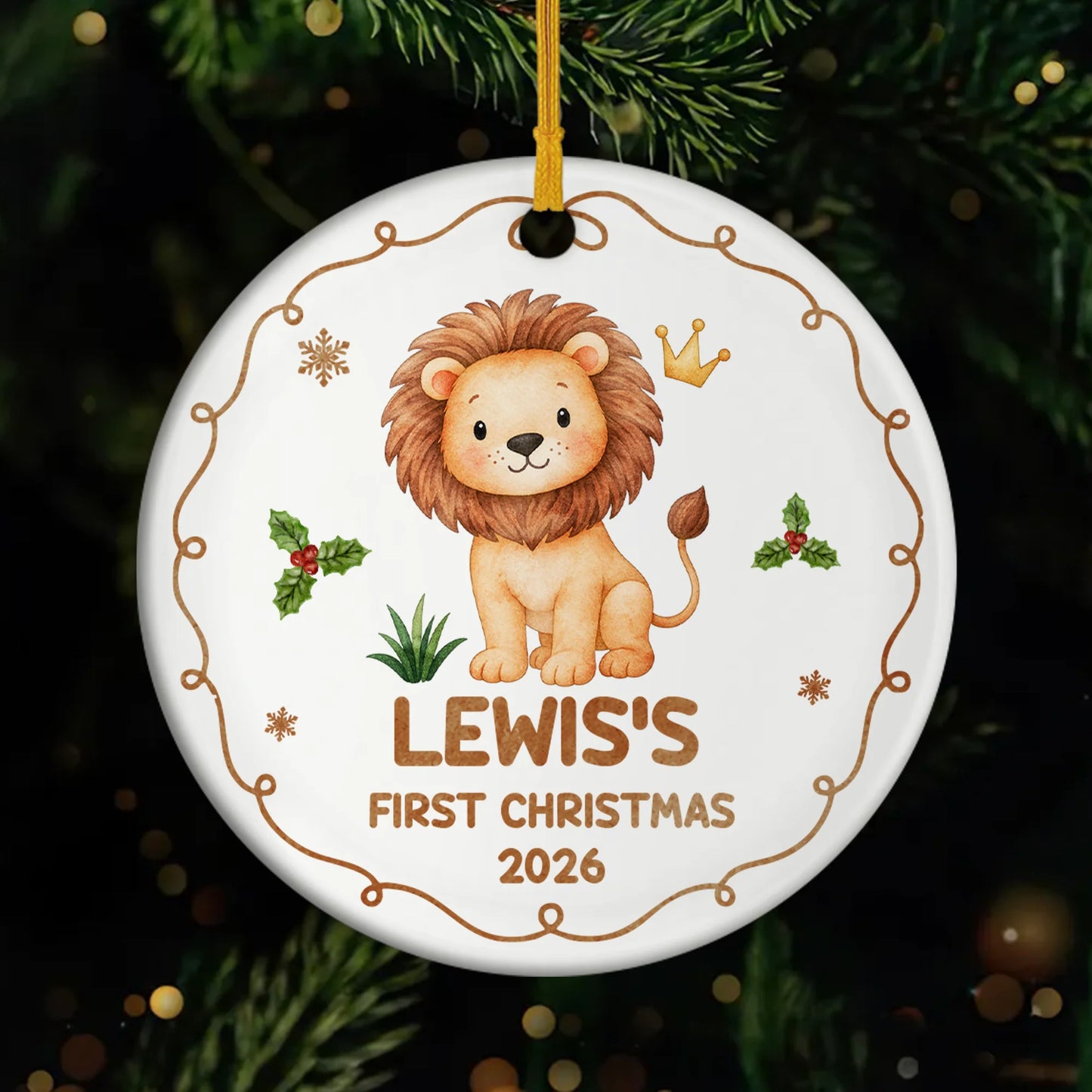 Baby's First Christmas Personalized Ceramic Ornament - Custom Name Safari Nursery Keepsake