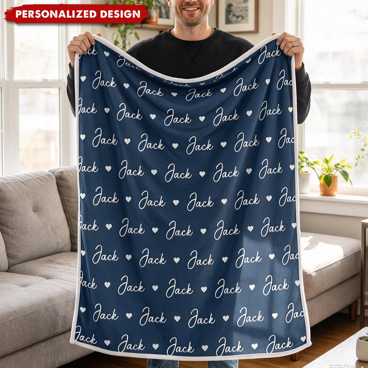 Repeated Heart Pattern Personalized Name Blanket - Custom Cozy Fleece Throw for Birthday