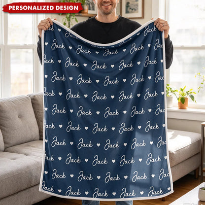 Repeated Heart Pattern Personalized Name Blanket - Custom Cozy Fleece Throw for Birthday