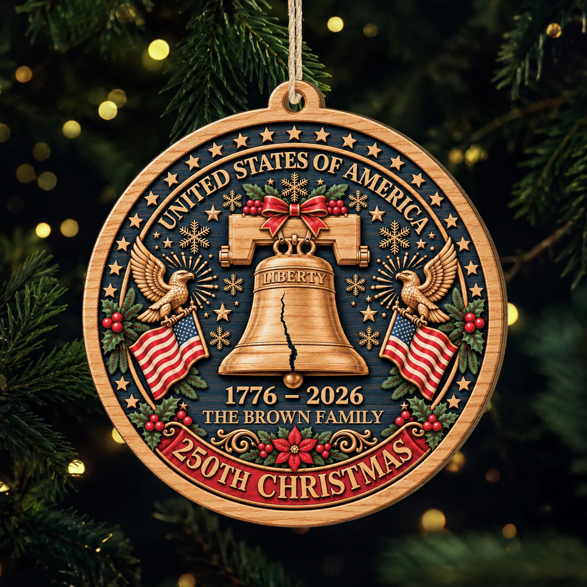 USA 250th Liberty Bell Personalized Wooden Ornament - Christmas Keepsake for Family