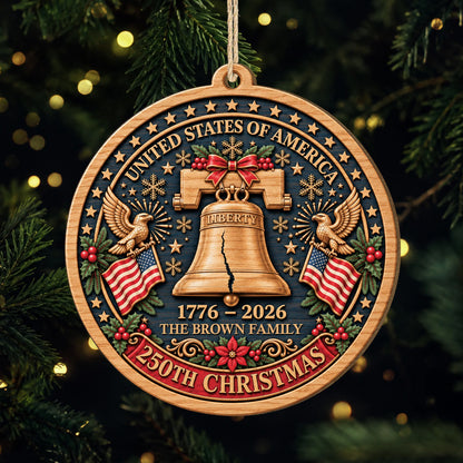 USA 250th Liberty Bell Personalized Wooden Ornament - Christmas Keepsake for Family