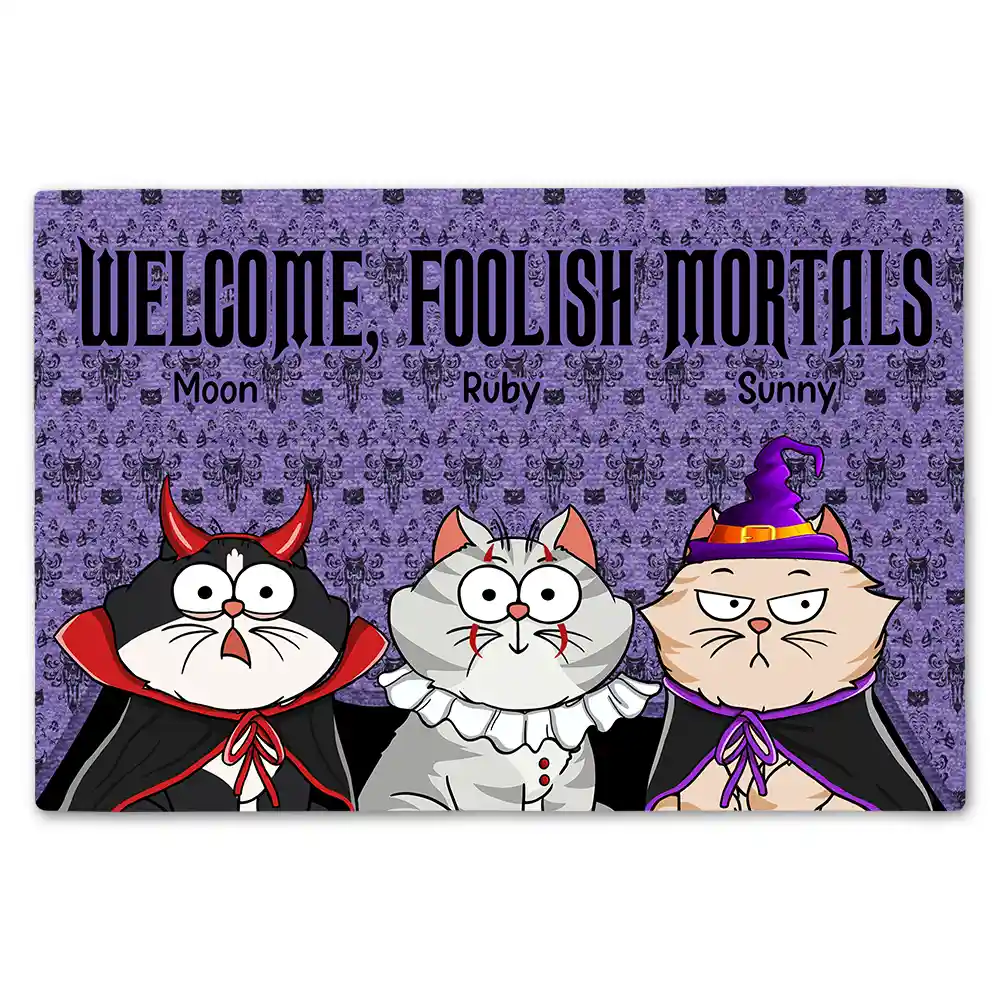 "Welcome Foolish Mortals" Personalized Doormat - Custom Halloween Decor for Cat Lovers
